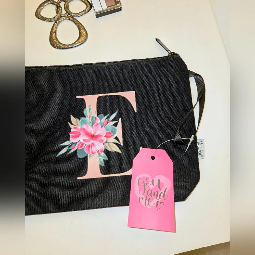 Black Floral Initial E Cosmetic Pouch Beauty Bundle NEW